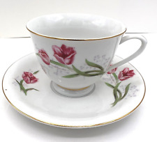Vintage Teacup & Saucer Daffodils Pink Purple Flowers Gold Trim Made in China picture