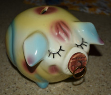 Vintage Hull Pottery USA Corky Pig Bank Yellow Blue With Cork picture