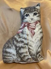Vintage Handmade Tabby Cat Pillow with Pink Bow, 13.5” picture
