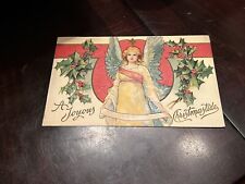 Christmas Postcard Angel LARGE Blue Wings  Holly Boughs.  Great Colors picture