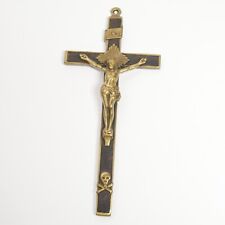 Vintage Large Pectoral Crucifix Memento Mori Brass Wood  7 Inches Tete de Mort picture