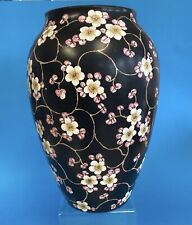 Vtg Fine China Japanese Black Porcelain Vase W/Cherry Blossom Floral Design 10” picture