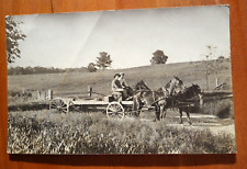 Large empty wagon pulled by 2 horse, 2 drivers rppc postcard p/u 1908 farming picture