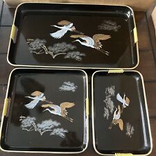 VTG Japanese Nesting Trays Set Of 3 Black Lacquer Ware Gold Floral W/ Cranes picture