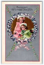 New Year Postcard Little Girls Flowers Whreath Embossed c1910's Posted Antique picture