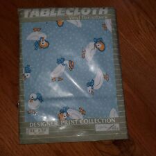  Vintage Vinyl Flannelback Tablecloth 52x52 80s Blue Bow Goose picture