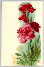 Catherine Klein~Red & Pink Carnations In The Sun Vignette~Watercolor Art~c1910 picture