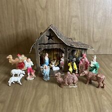 Mural Background Vintage Christmas Nativity Creche Stable W 17 Plastic Figures picture