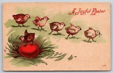 Holiday~A Joyful Easter~Chicks Walking In Line & Red Egg In Grass~Vintage PC picture