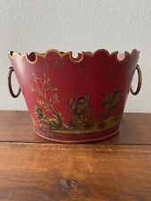 Vintage Chinese Red Tole Cache Pot with Crown Top Chinoiserie picture