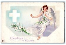 c1910's Easter Greetings Cross Angel Lilies Flowers Embossed Antique Postcard picture