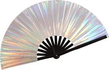Iridescent Silver Reflective Holographic Large Rave Bamboo Folding Hand Fan picture