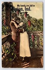 Antique Romance Postcard Embracing Couple, Hands Full in Tipton Indiana C1914 P4 picture