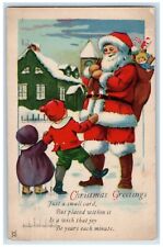 1924 Christmas Greetings Santa Claus Giving Toys Children Winter Snow Postcard picture