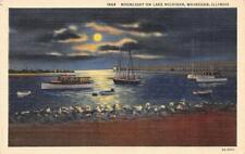 WAUKEGAN, IL Illinois MOONLIGHT ON LAKE MICHIGAN Boats~Full Moon c1940s Postcard picture