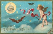 Cupid Gazing At Witch In Full Moon Halloween Postcard~Antique~Owl~Bat~c1910 picture