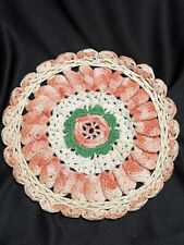 Vintage Hand Crocheted Floral Anytime Doily 8” Peach & White With Green picture