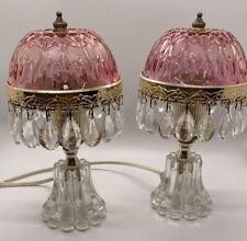Vintage Pair Single Tier Michelotti Boudoir Lamp Pink Crystal Cut Glass 9” picture