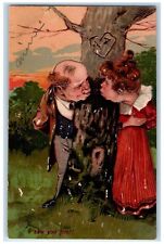 c1910's Sweet Couple Kissing Tree I Saw You Firts Embossed Antique Postcard picture