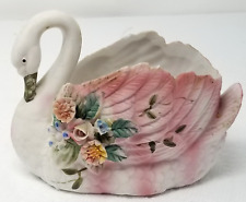 Pink Feather Swan Planter Porcelain Flowers Painted Imperfect Vintage picture