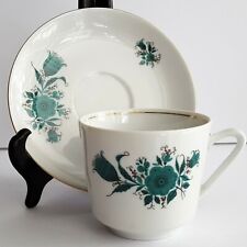 Vintage KAHLA Porcelain Teacup & Saucer Teal Floral Germany Crown Mark 1960s-70s picture