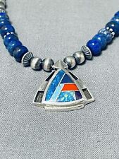 INTRICATE NAVAJO LAPIS TURQUOISE CORAL STERLING SILVER INLAY BRACELET picture