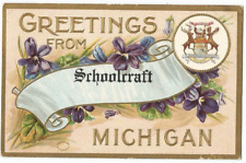 Schoolcraft, MI Michigan 1913 Postcard, Greeting From Type with State Seal picture