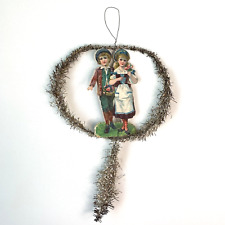 Antique Victorian Boy & Girl Die-Cut Scrap Paper & Tinsel Christmas Ornament picture