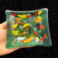 Mid Century Square Fused Art Glass Multicolor Dish Plate Glass Hand Made 5”Wide picture