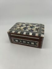 Vintage Wood Trinket Jewelry Box Inlaid Mother of Pearl Hinged Lid picture