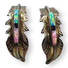 Vintage Southwestern Sterling Silver Opal Feather Half Hoop Post Earrings Signed picture