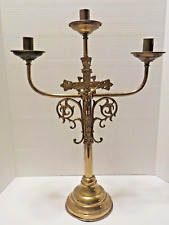 ANTIQUE BRASS CHURCH ALTER CANDELABRA WITH CROSS picture