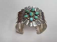 Vintage Navajo JB Signed Turquoise Wide Cuff Bracelet Sterling Silver picture