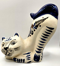 Vintage Mexican Stretching Cat White Blue Brown Signed  7