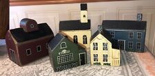 Lot Of 5 Vintage Folk art Painted Wood Houses Village Church Barn Buildings picture