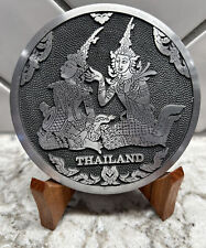 Vintage Thailand Oriental Pewter Plate People Art double Side Elephants picture