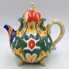 Anthropologie Whimsical Footed Teapot Colorful Kilim Pattern Twisted Handle picture