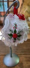 Vintage Embroidered Lace Christmas Ornament 3” Ball White Embroidered Red Flower picture