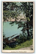 c1920's Greetings From Wayland Dock Boat Dirt Road Forest Michigan MI Postcard picture