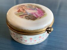 Vintage French Round Porcelain Trinket Box Bronze Mount Hinged Lid Hand Painted picture