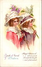 Best of Best Wishes Postcard Two Young Girls Holding Flowers picture