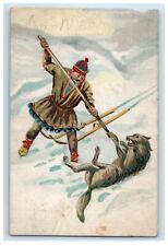 c1910's Chinese Man Hunting Wolf Swing Winter Snow Posted Antique Postcard picture