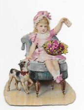 1888 Chromo deCoupis, French GIRL PINK & DOG, Antique Die-Cut 2-1/4