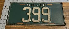 1936 New Hampshire License Plate 399 Garage Decor Low Number Green White ALPCA picture