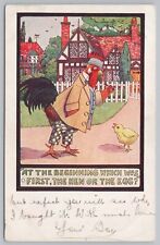 Animal~Fantasy Dressed Rooster Asks Chick Which Was First~Hen Or Egg~1910 PC picture