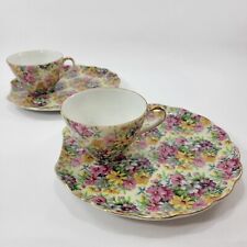 Vintage Pair Of Floral Design Gold Handled Teacups, With Saucer Plates picture