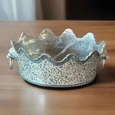 Vintage Silver Tone Hammered Scalloped Brass Planter With Lion Head Handles - 9” picture