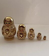 5-Piece Russian Matryoshka Nesting Dolls Wood Gold Handpainted VTG MINI picture