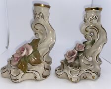 Vtg 1940s Cordey Floral Pair Porcelain Candlestick Holders Sculpture 7 1/4” picture
