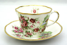 QUEEN'S STAFFORDSHIRE CUP & SAUCER   PINK ROSES W/ URN - ENGLAND FINE BONE CHINA picture